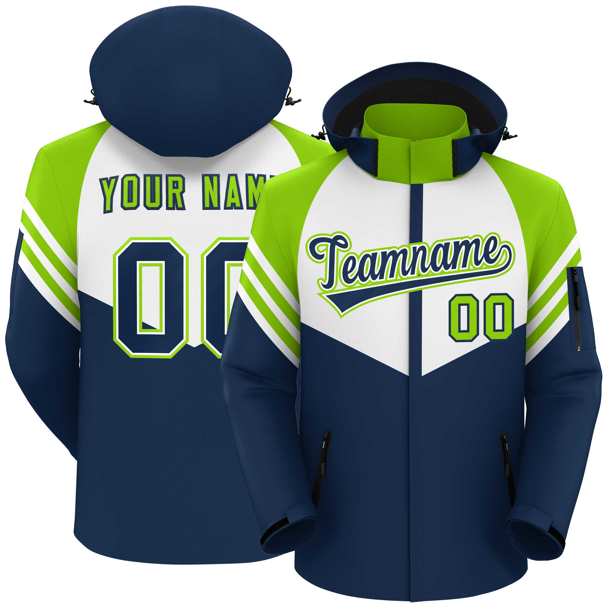 Custom White Navy-Neon Green Color Block Personalized Outdoor Hooded Waterproof Jacket