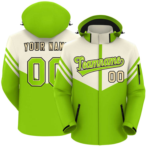 Custom Cream Neon Green Color Block Personalized Outdoor Hooded Waterproof Jacket