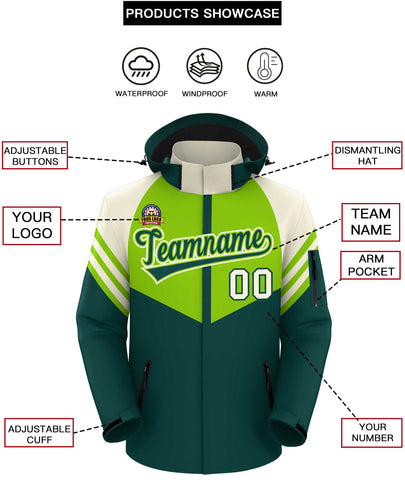 Custom Neon Green Midnight Green-Cream Color Block Personalized Outdoor Hooded Waterproof Jacket