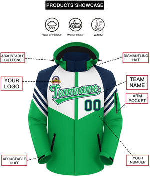 Custom White Kelly Green-Navy Color Block Personalized Outdoor Hooded Waterproof Jacket