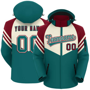 Custom Cream Aqua-Red Color Block Personalized Outdoor Hooded Waterproof Jacket