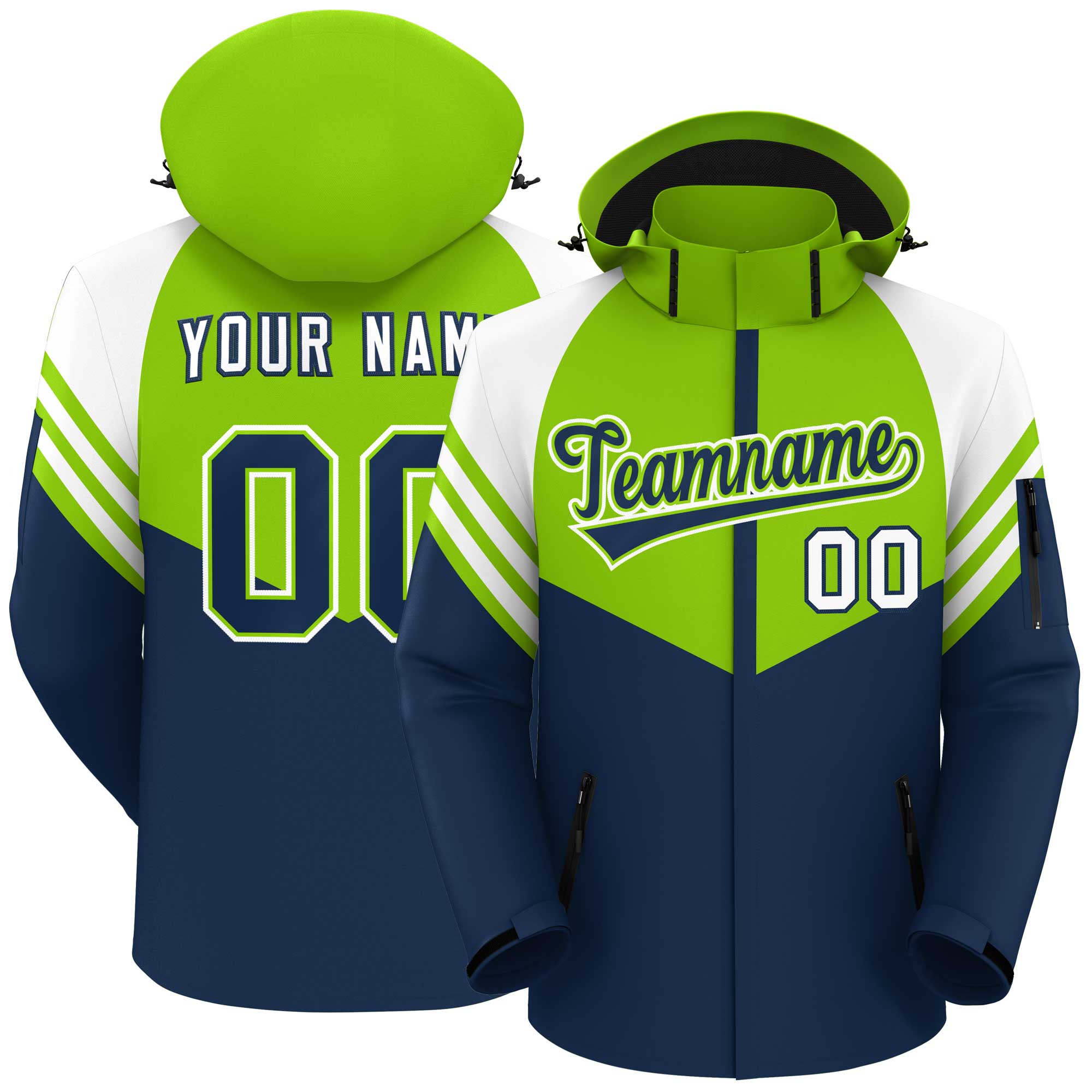 Custom Neon Green Navy-White Color Block Personalized Outdoor Hooded Waterproof Jacket