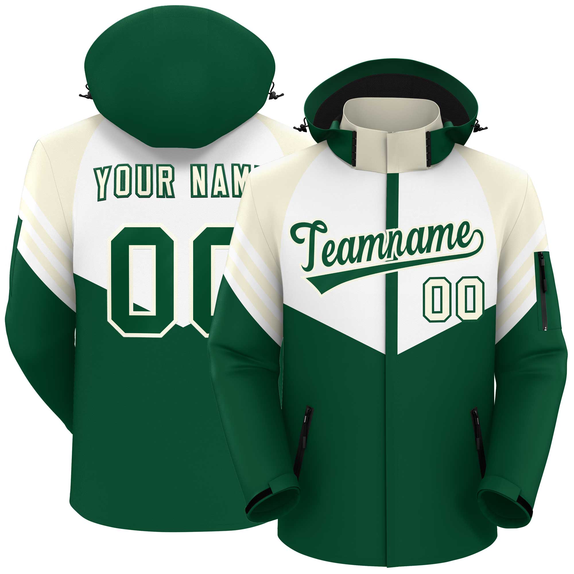 Custom White Green-Cream Color Block Personalized Outdoor Hooded Waterproof Jacket