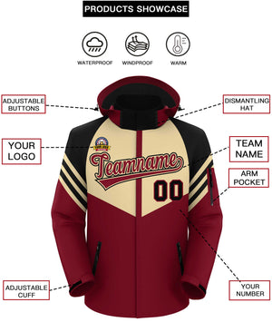 Custom Khaki Crimson-Black Color Block Personalized Outdoor Hooded Waterproof Jacket