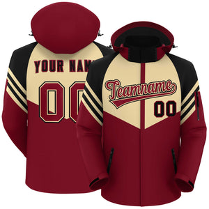 Custom Khaki Crimson-Black Color Block Personalized Outdoor Hooded Waterproof Jacket