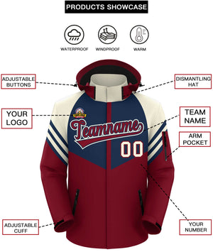 Custom Navy Crimson-Cream Color Block Personalized Outdoor Hooded Waterproof Jacket