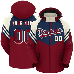 Custom Navy Crimson-Cream Color Block Personalized Outdoor Hooded Waterproof Jacket