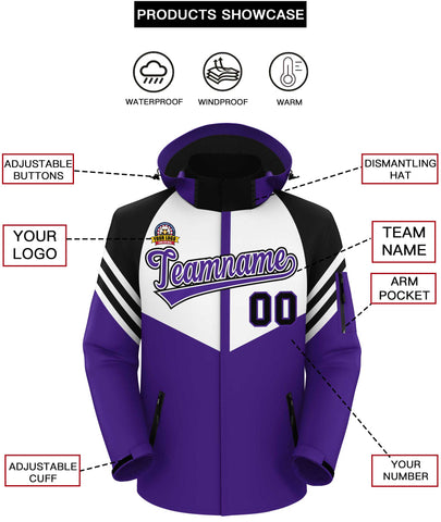 Custom White Purple-Black Color Block Personalized Outdoor Hooded Waterproof Jacket