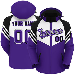 Custom White Purple-Black Color Block Personalized Outdoor Hooded Waterproof Jacket