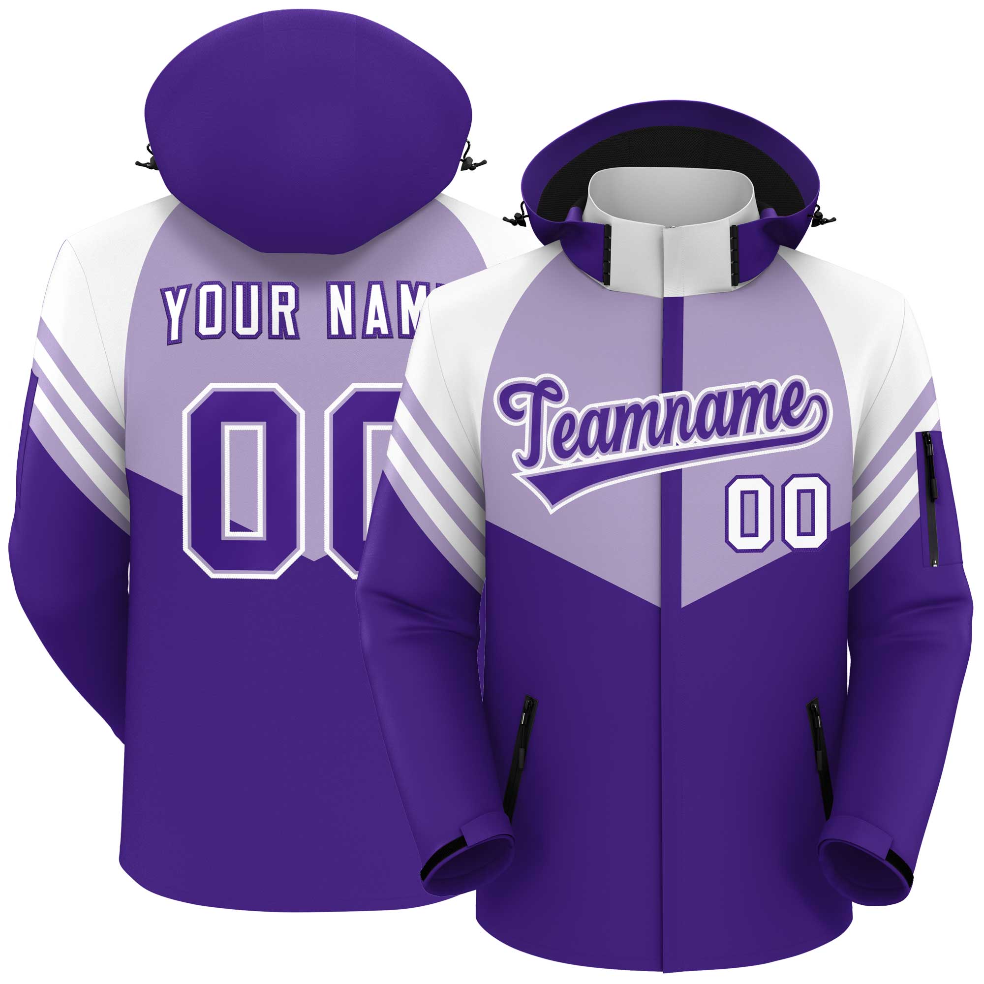 Custom Light Purple Purple-White Color Block Personalized Outdoor Hooded Waterproof Jacket