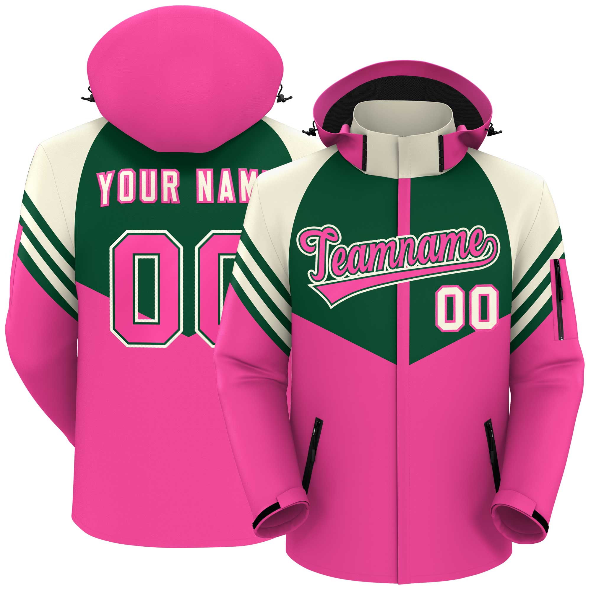 Custom Green Pink-Cream Color Block Personalized Outdoor Hooded Waterproof Jacket