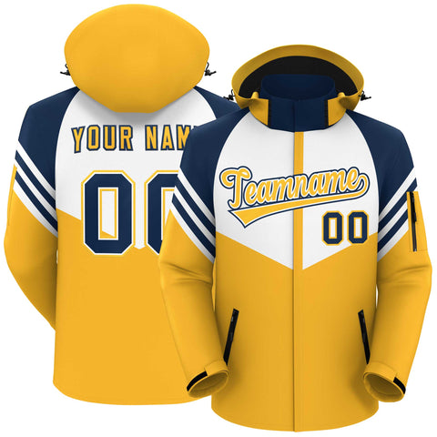 Custom White Gold-Navy Color Block Personalized Outdoor Hooded Waterproof Jacket
