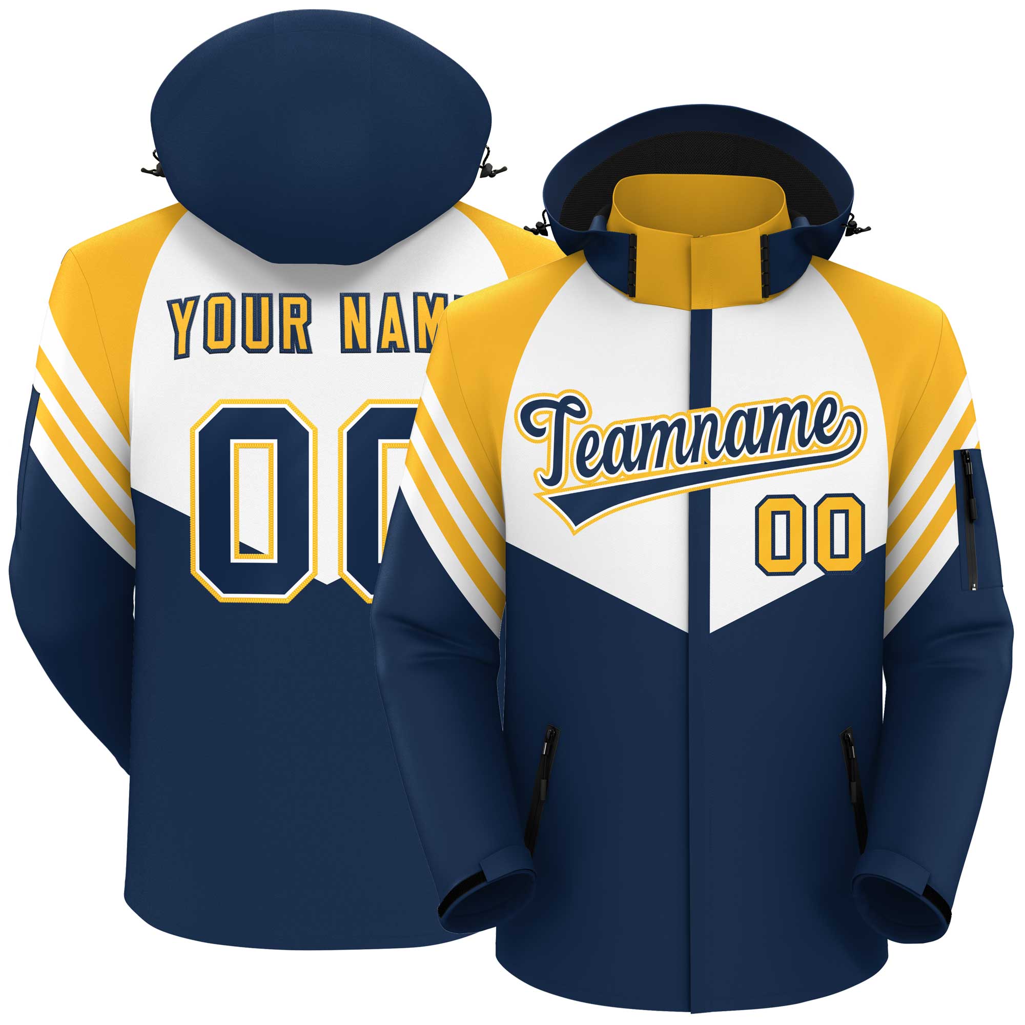 Custom White Navy-Gold Color Block Personalized Outdoor Hooded Waterproof Jacket