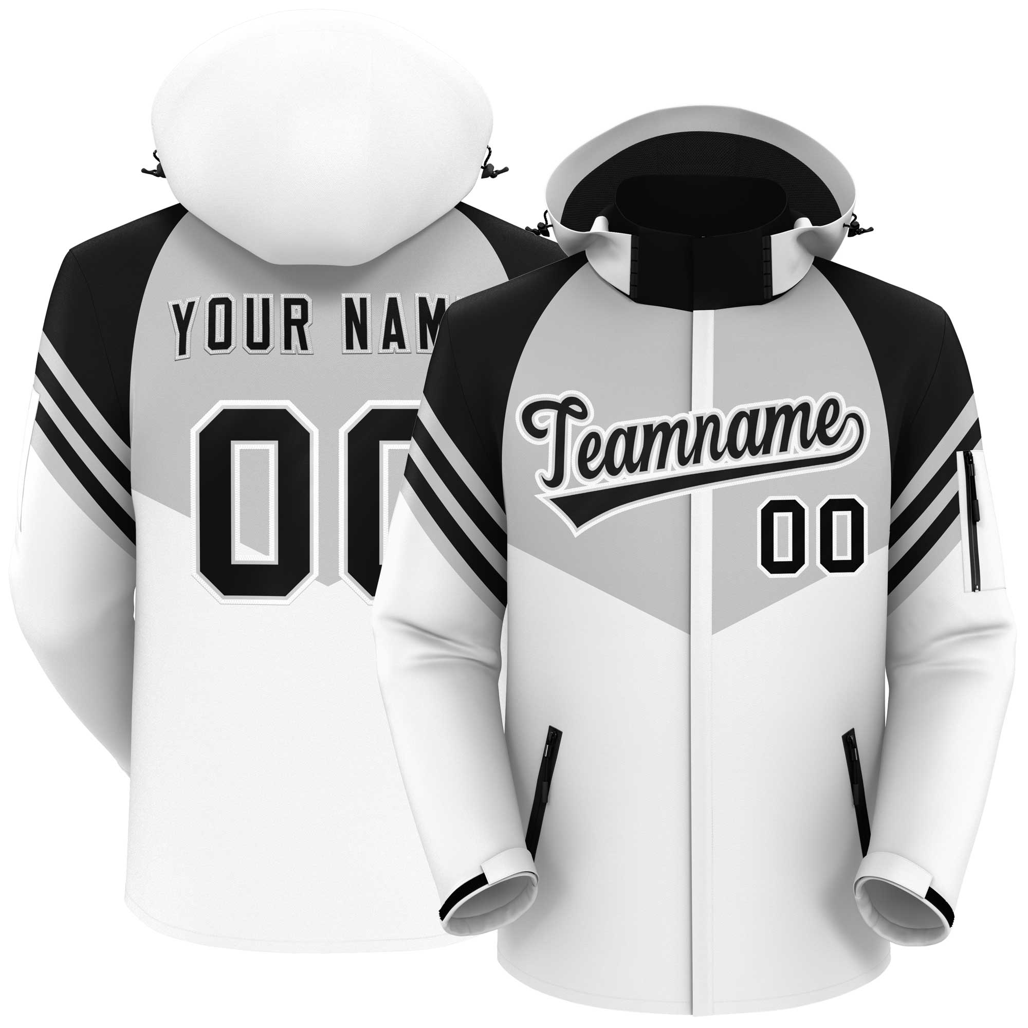 Custom Gray White-Black Color Block Personalized Outdoor Hooded Waterproof Jacket