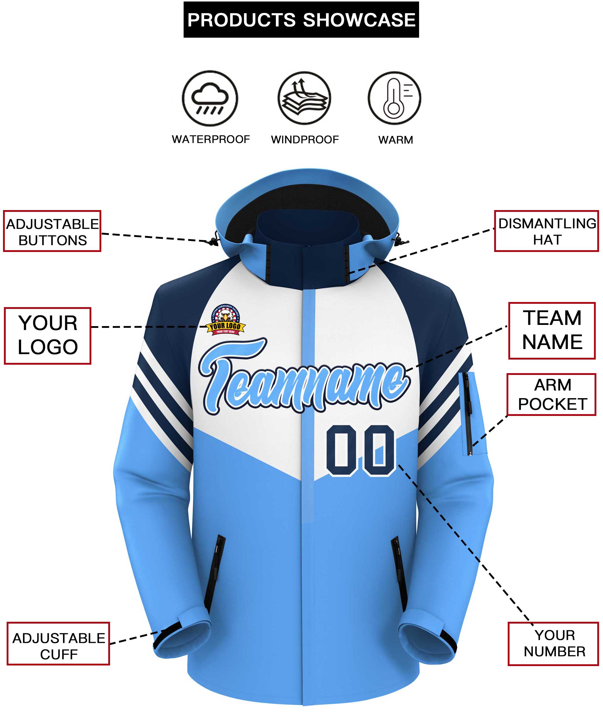 Custom White Powder Blue-Navy Color Block Personalized Outdoor Hooded Waterproof Jacket