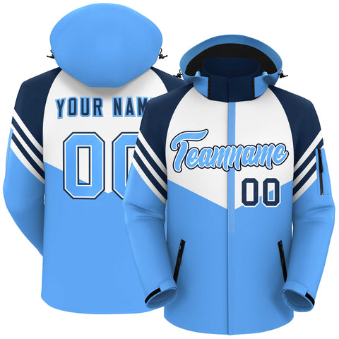 Custom White Powder Blue-Navy Color Block Personalized Outdoor Hooded Waterproof Jacket
