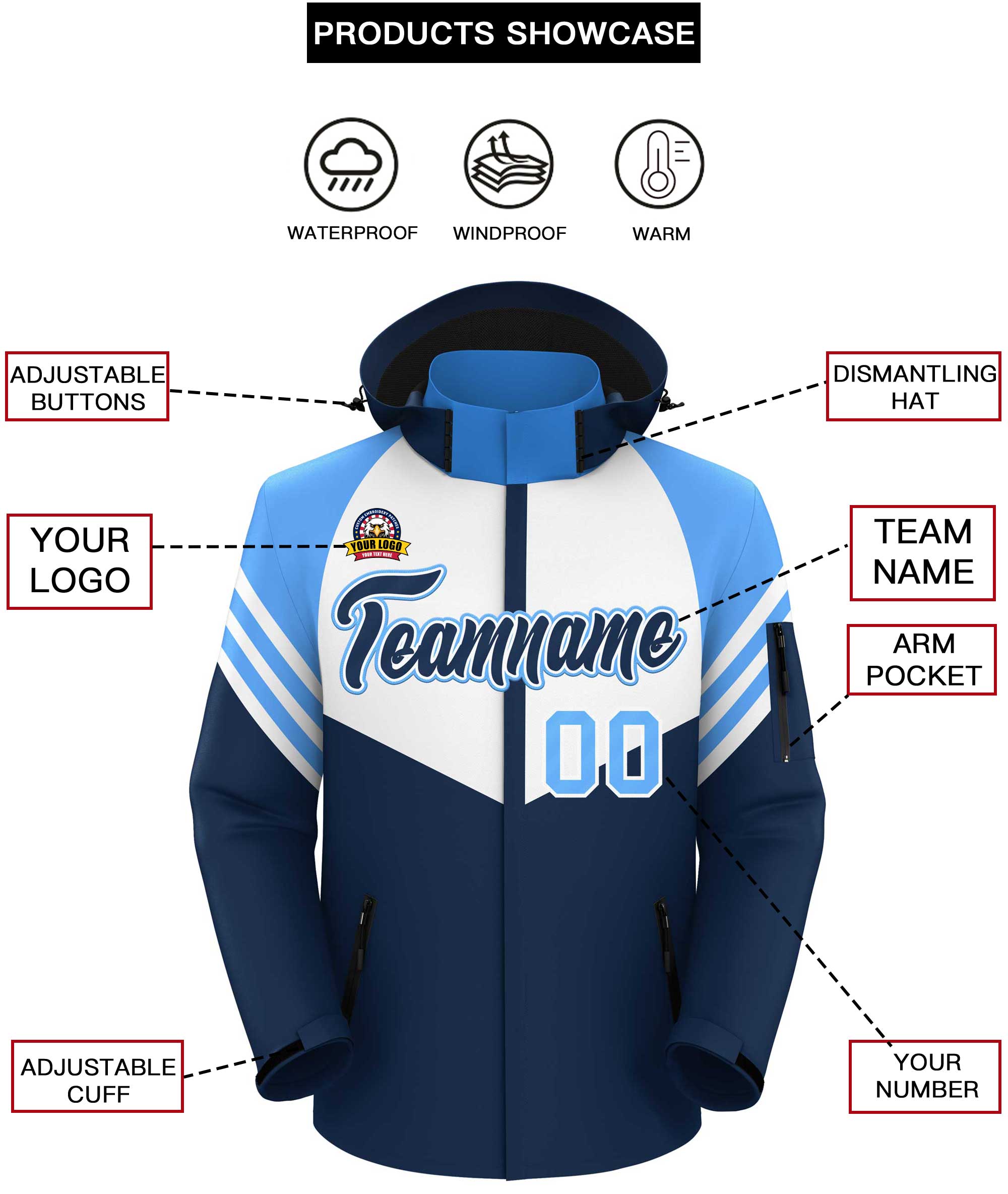 Custom White Navy-Powder Blue Color Block Personalized Outdoor Hooded Waterproof Jacket