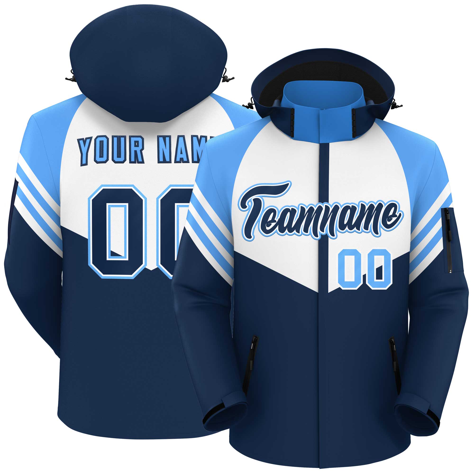 Custom White Navy-Powder Blue Color Block Personalized Outdoor Hooded Waterproof Jacket