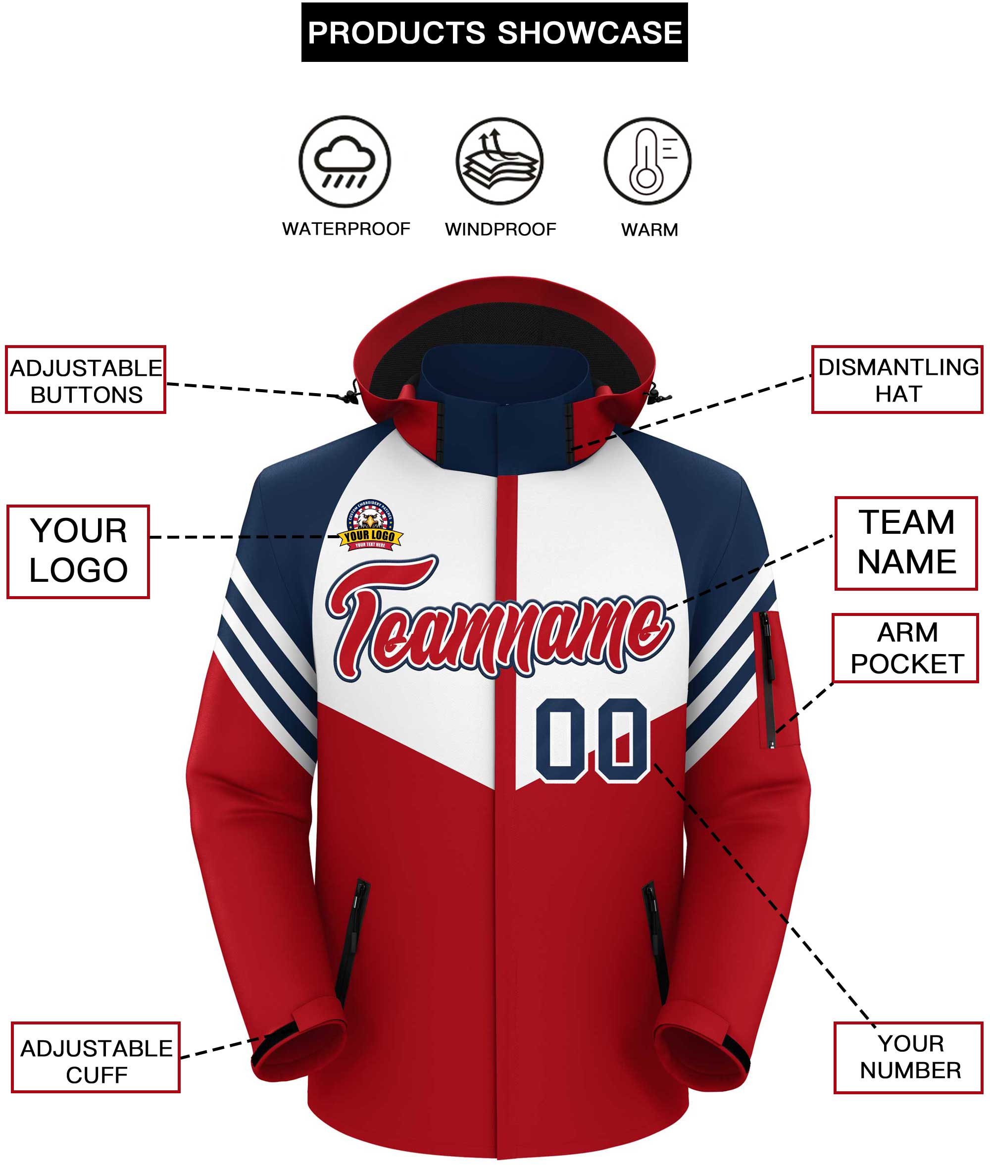 Custom White Red-Navy Color Block Personalized Outdoor Hooded Waterproof Jacket