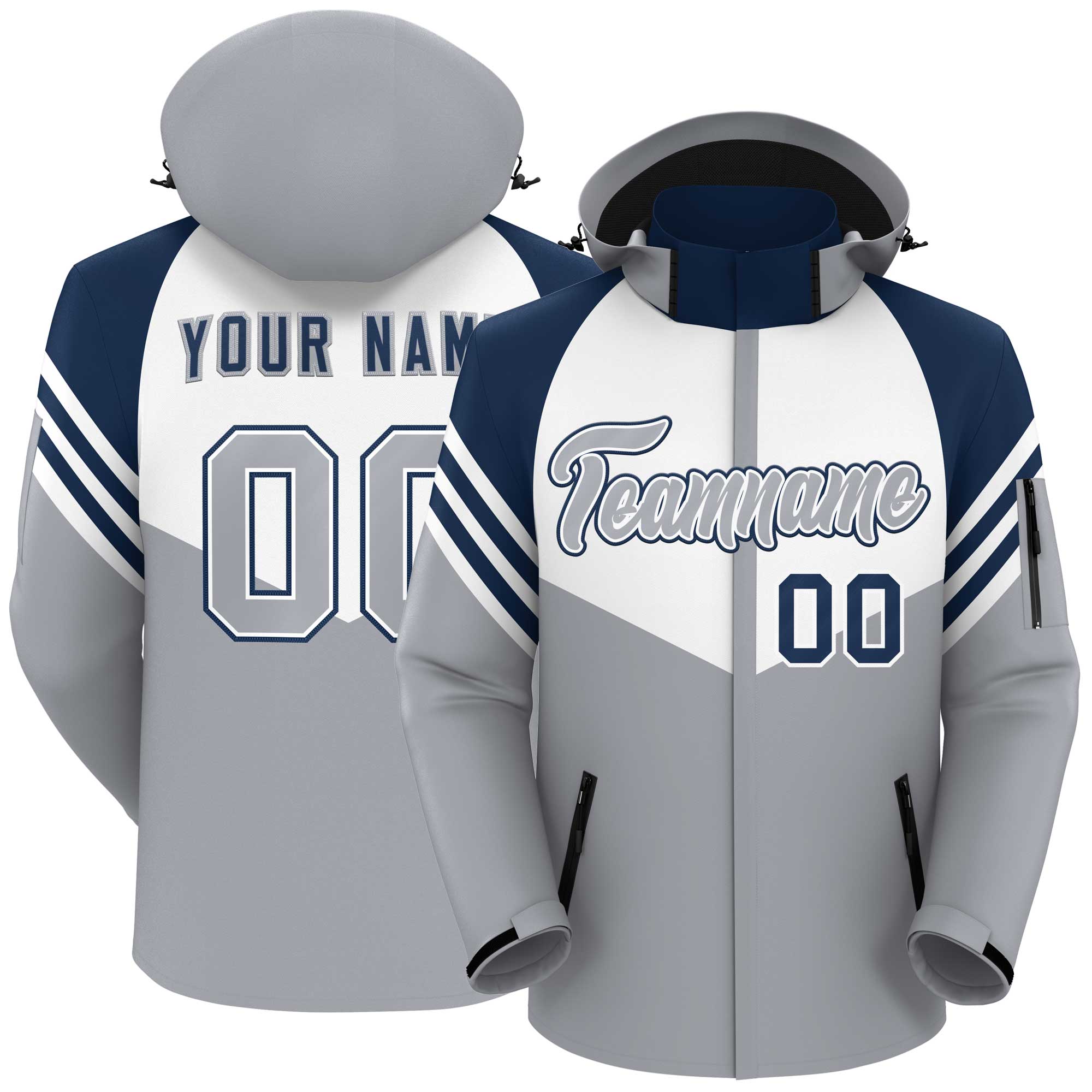 Custom White Gray-Navy Color Block Personalized Outdoor Hooded Waterproof Jacket