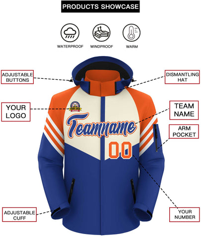 Custom Cream Royal-Orange Color Block Personalized Outdoor Hooded Waterproof Jacket