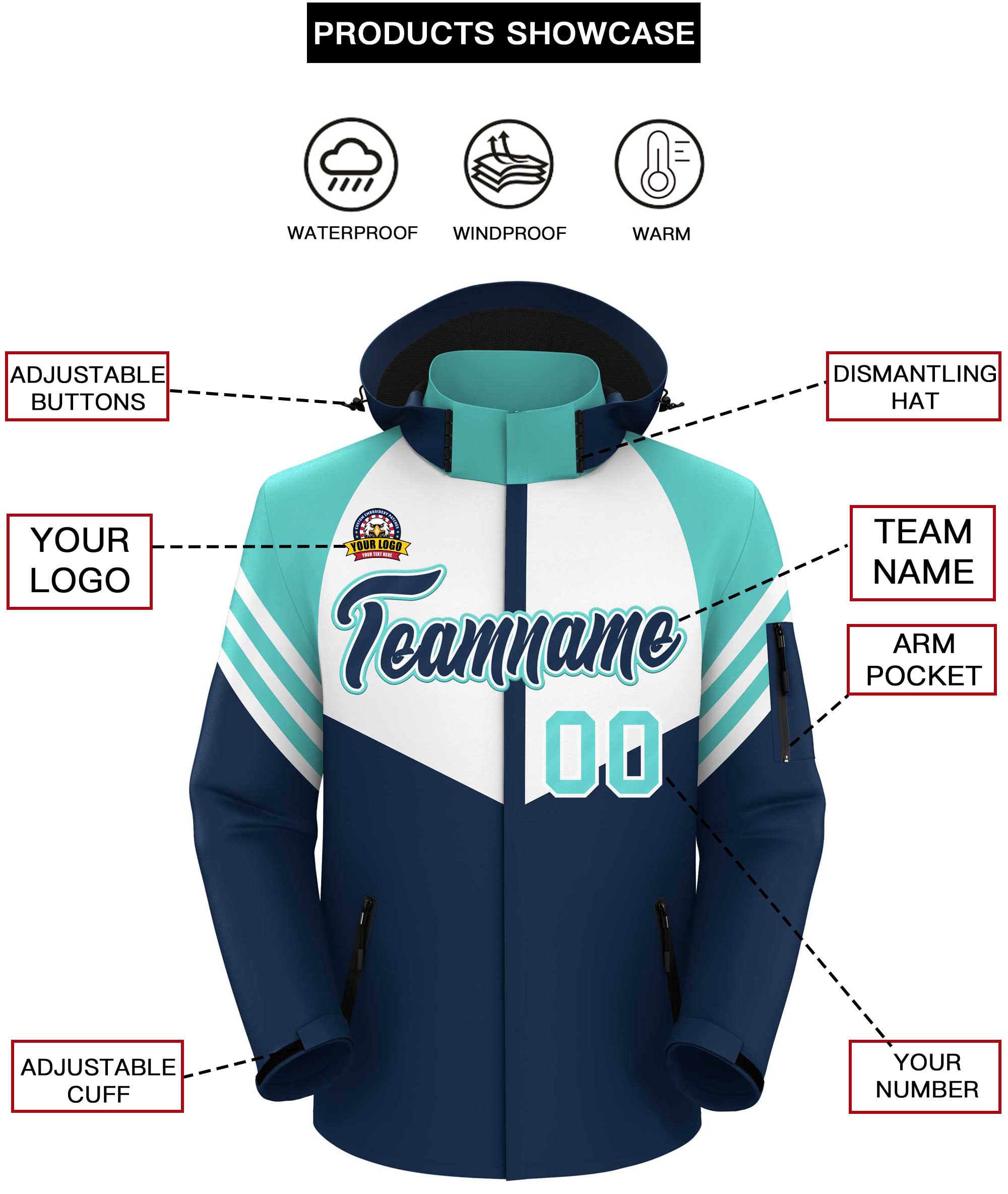 Custom White Navy-Aqua Color Block Personalized Outdoor Hooded Waterproof Jacket