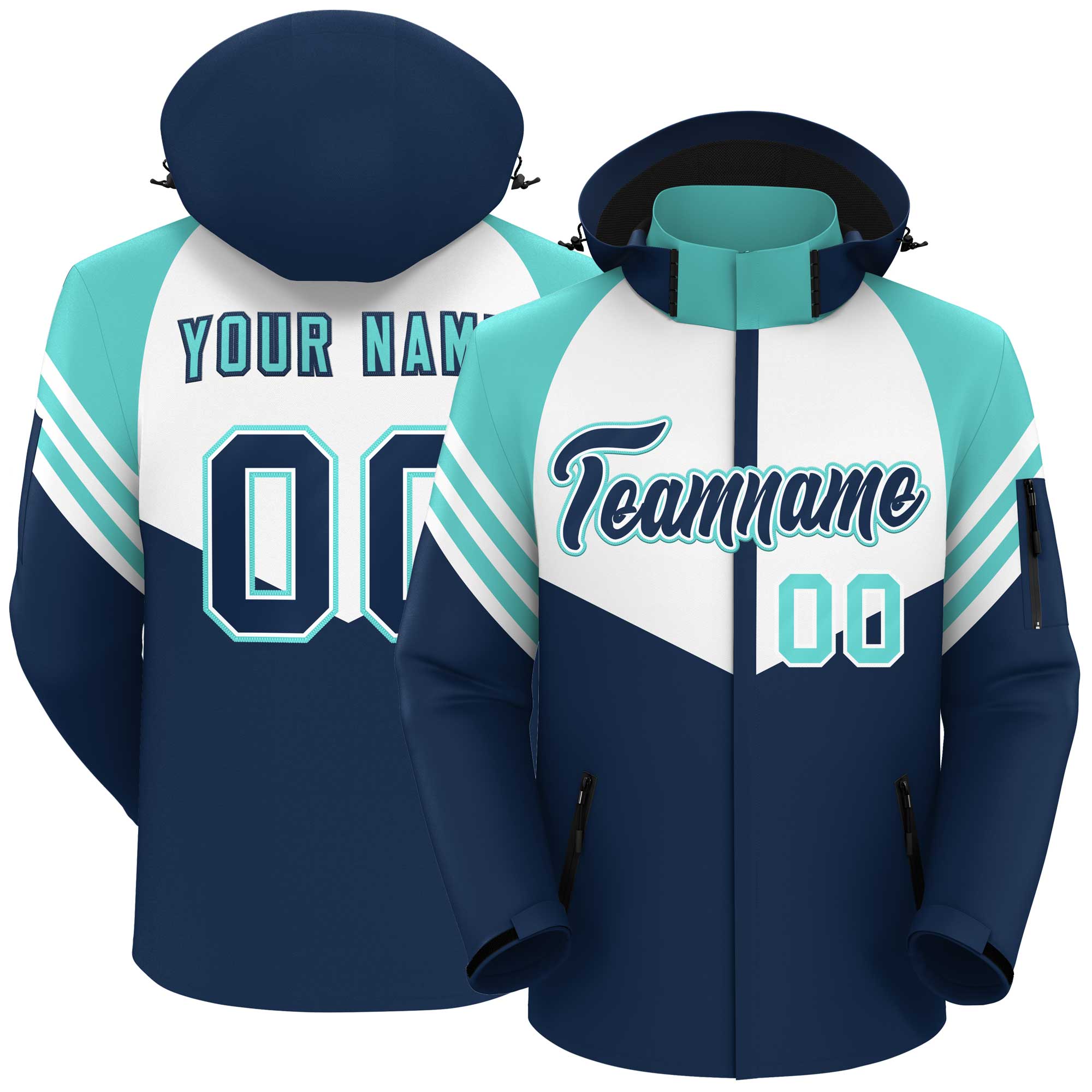 Custom White Navy-Aqua Color Block Personalized Outdoor Hooded Waterproof Jacket