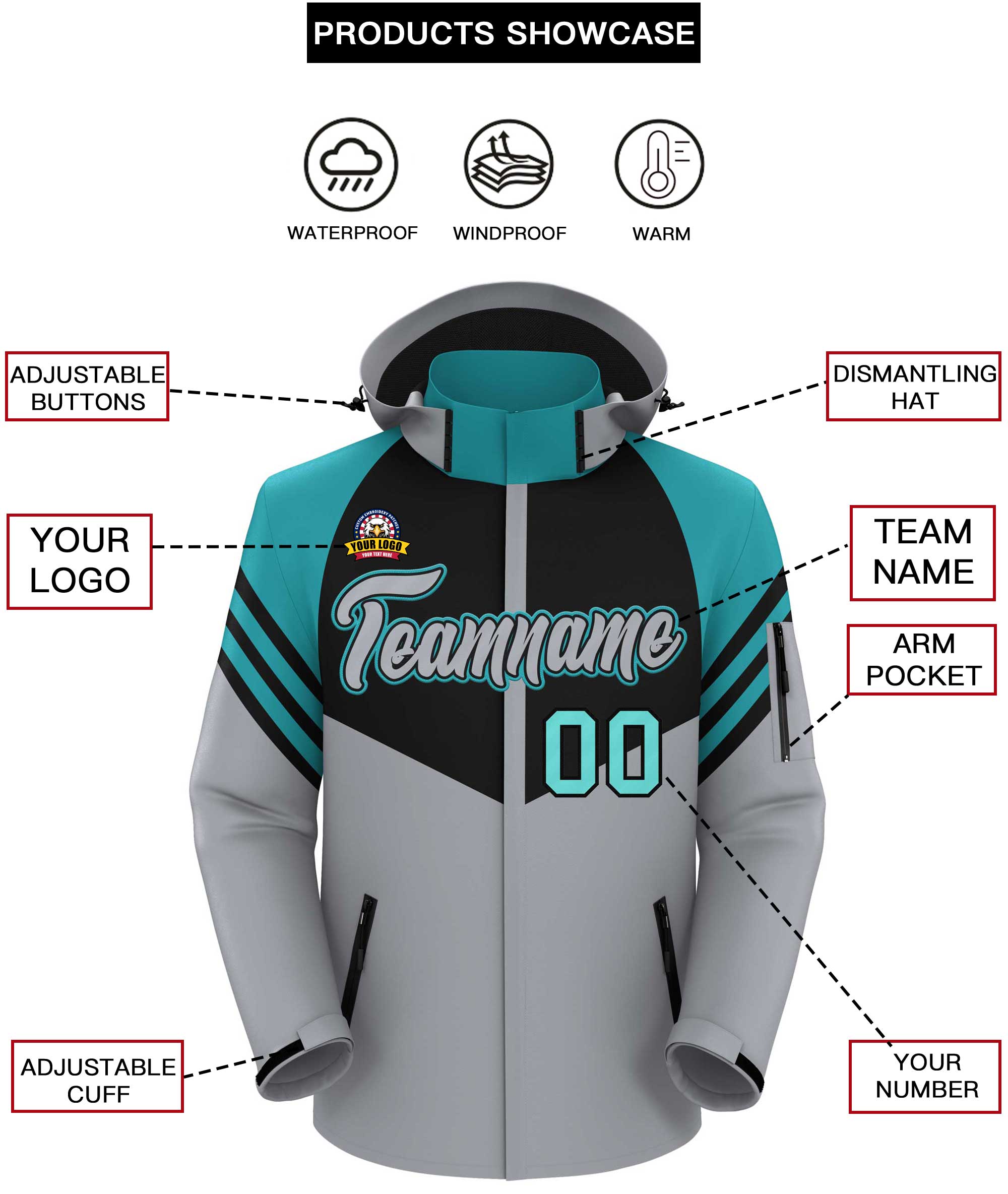 Custom Black Gray-Aqua Color Block Personalized Outdoor Hooded Waterproof Jacket