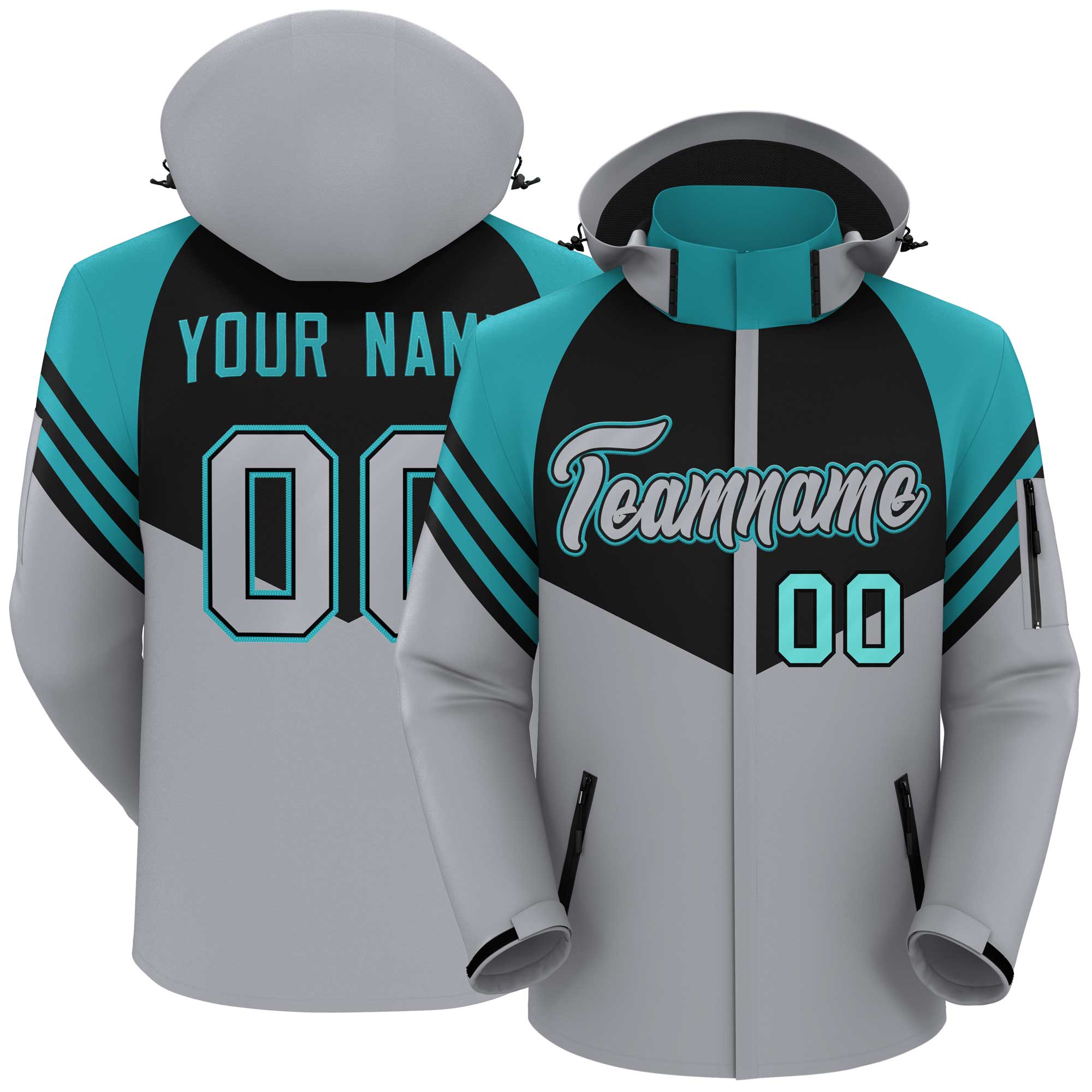 Custom Black Gray-Aqua Color Block Personalized Outdoor Hooded Waterproof Jacket