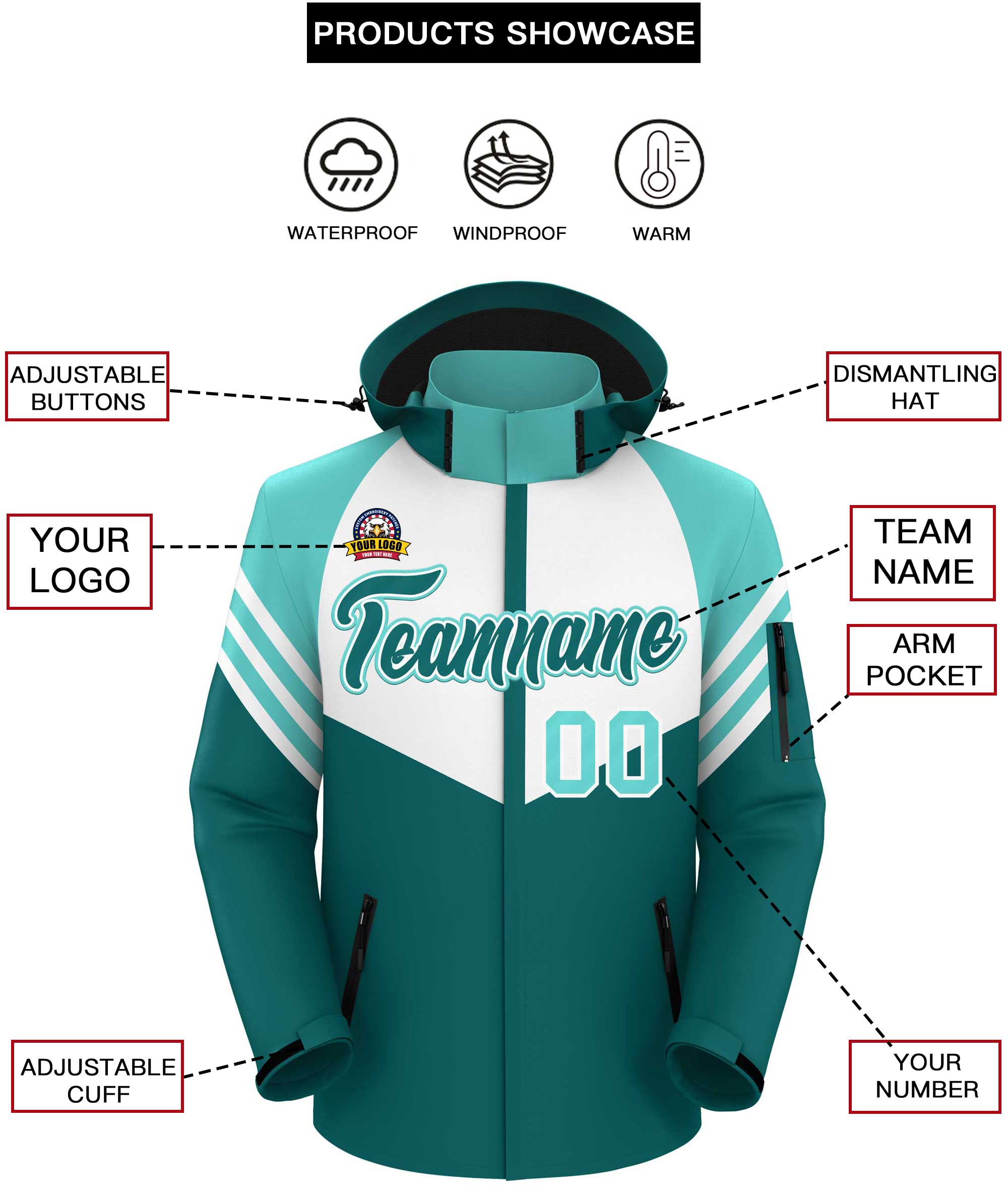 Custom White Aqua-Aqua Color Block Personalized Outdoor Hooded Waterproof Jacket