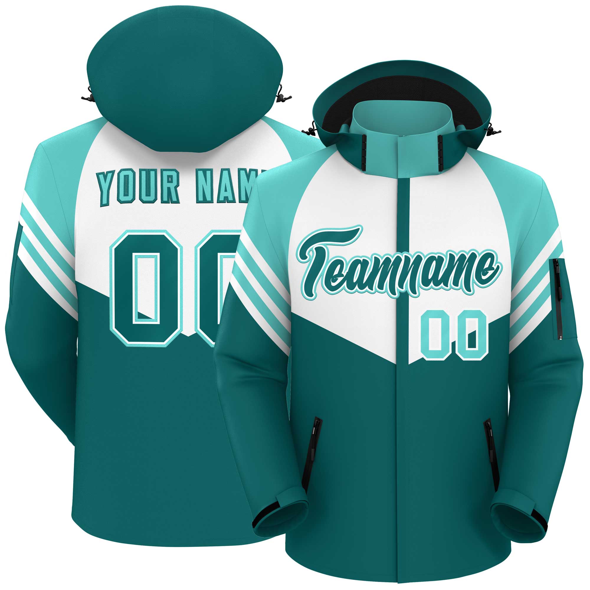 Custom White Aqua-Aqua Color Block Personalized Outdoor Hooded Waterproof Jacket