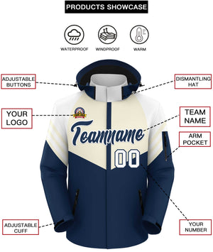 Custom Cream Navy-White Color Block Personalized Outdoor Hooded Waterproof Jacket