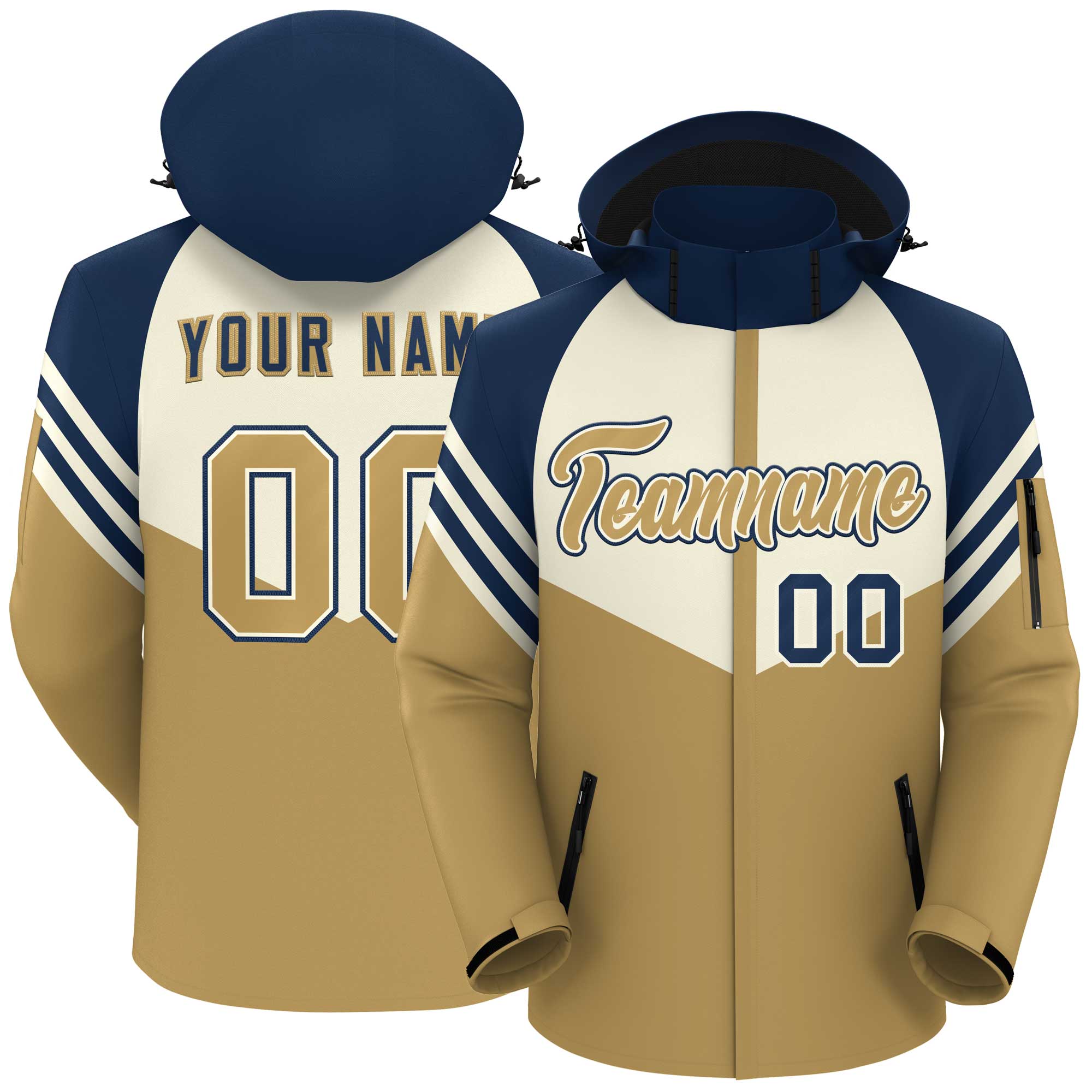 Custom Cream Old Gold-Navy Color Block Personalized Outdoor Hooded Waterproof Jacket