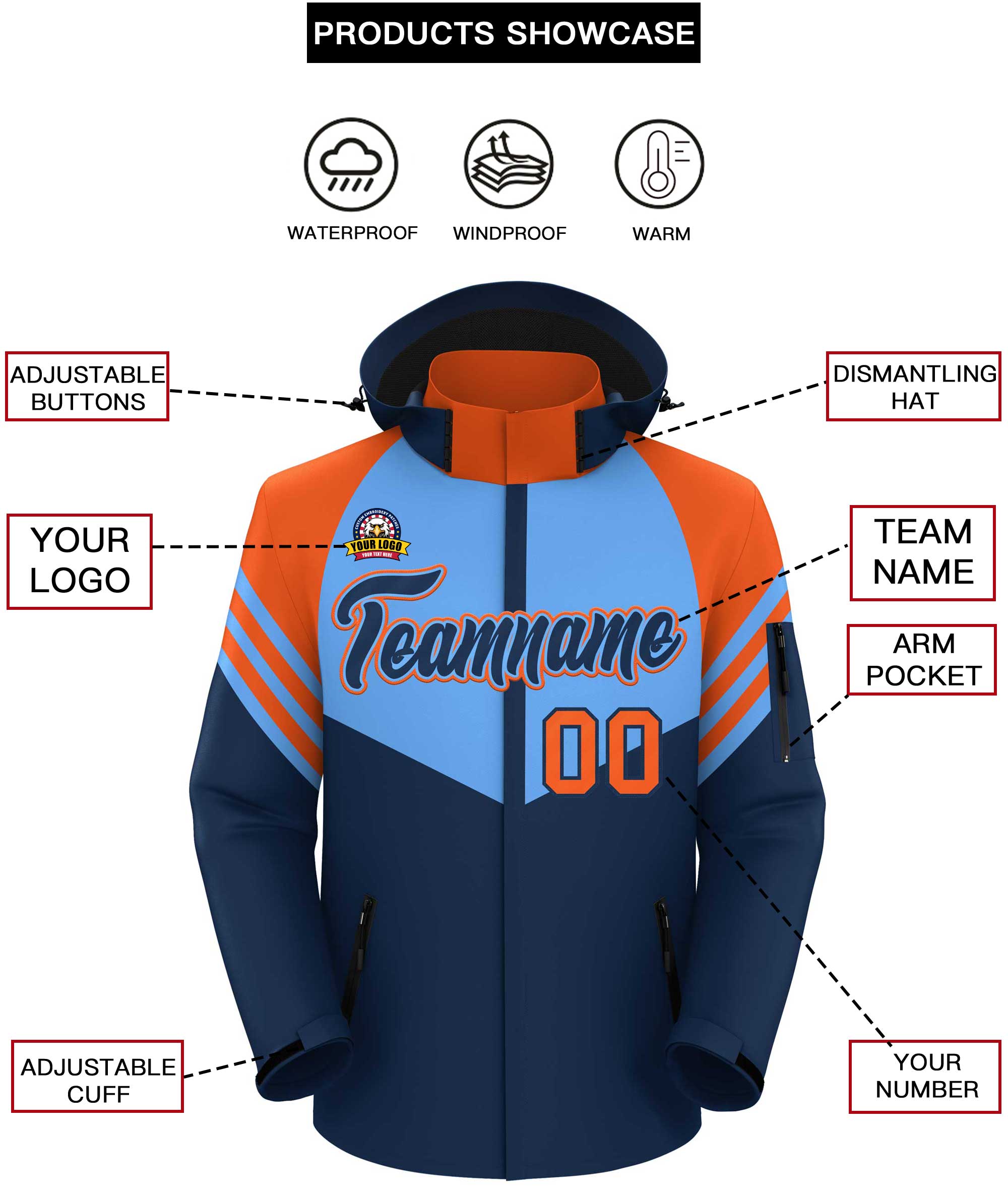 Custom Powder Blue Navy-Orange Color Block Personalized Outdoor Hooded Waterproof Jacket