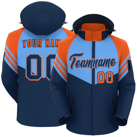 Custom Powder Blue Navy-Orange Color Block Personalized Outdoor Hooded Waterproof Jacket
