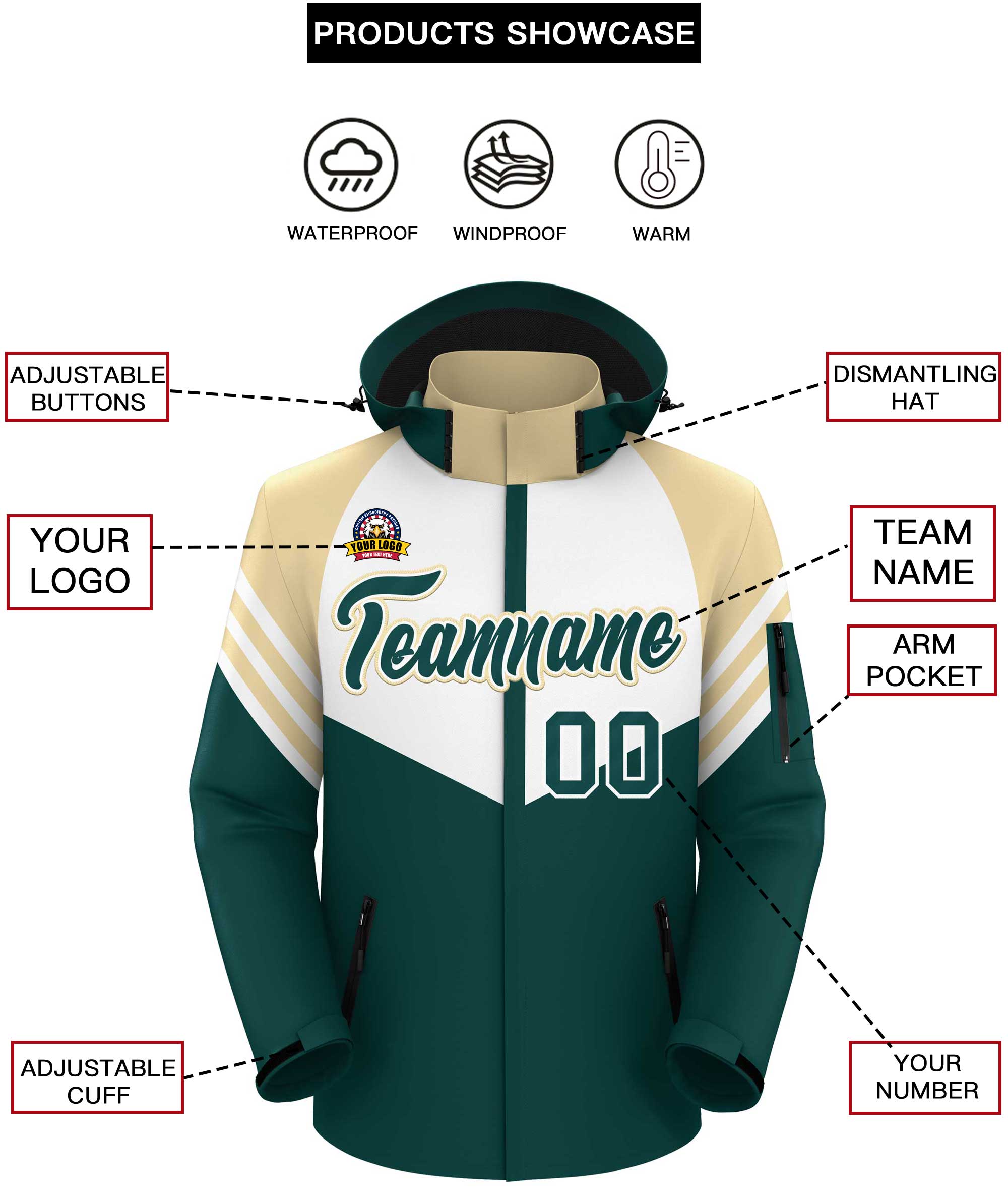 Custom White Midnight Green-Cream Color Block Personalized Outdoor Hooded Waterproof Jacket