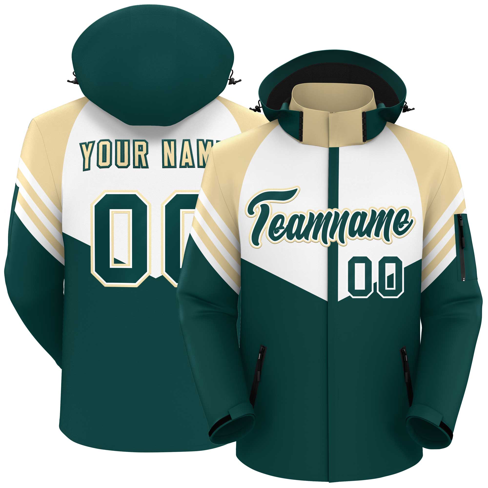 Custom White Midnight Green-Cream Color Block Personalized Outdoor Hooded Waterproof Jacket