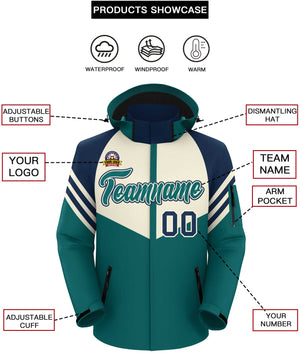 Custom Cream Aqua-Navy Color Block Personalized Outdoor Hooded Waterproof Jacket