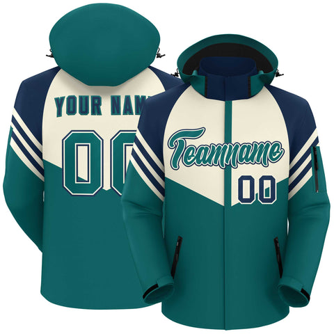 Custom Cream Aqua-Navy Color Block Personalized Outdoor Hooded Waterproof Jacket