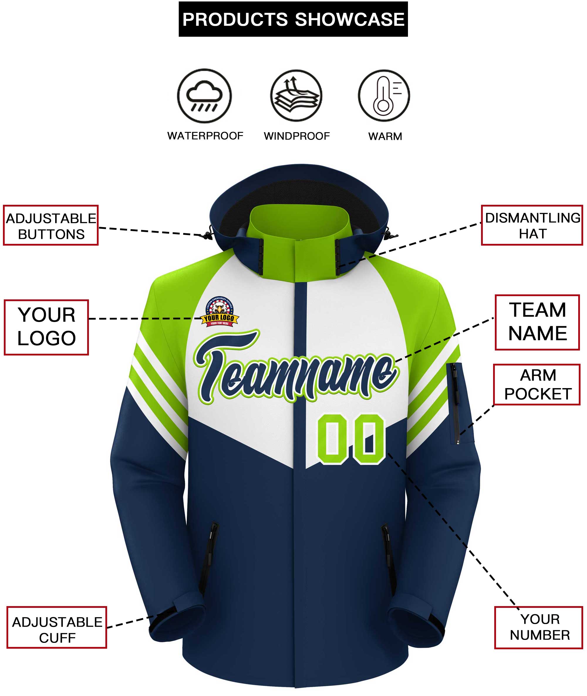 Custom White Navy-Neon Green Color Block Personalized Outdoor Hooded Waterproof Jacket