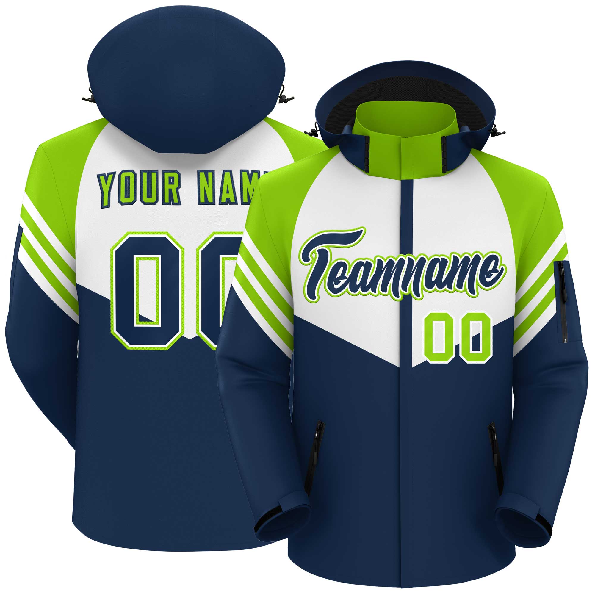 Custom White Navy-Neon Green Color Block Personalized Outdoor Hooded Waterproof Jacket