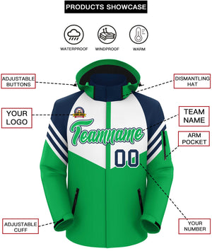 Custom White Kelly Green-Navy Color Block Personalized Outdoor Hooded Waterproof Jacket