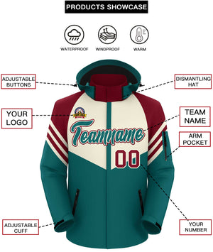 Custom Cream Aqua-Red Color Block Personalized Outdoor Hooded Waterproof Jacket