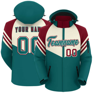 Custom Cream Aqua-Red Color Block Personalized Outdoor Hooded Waterproof Jacket