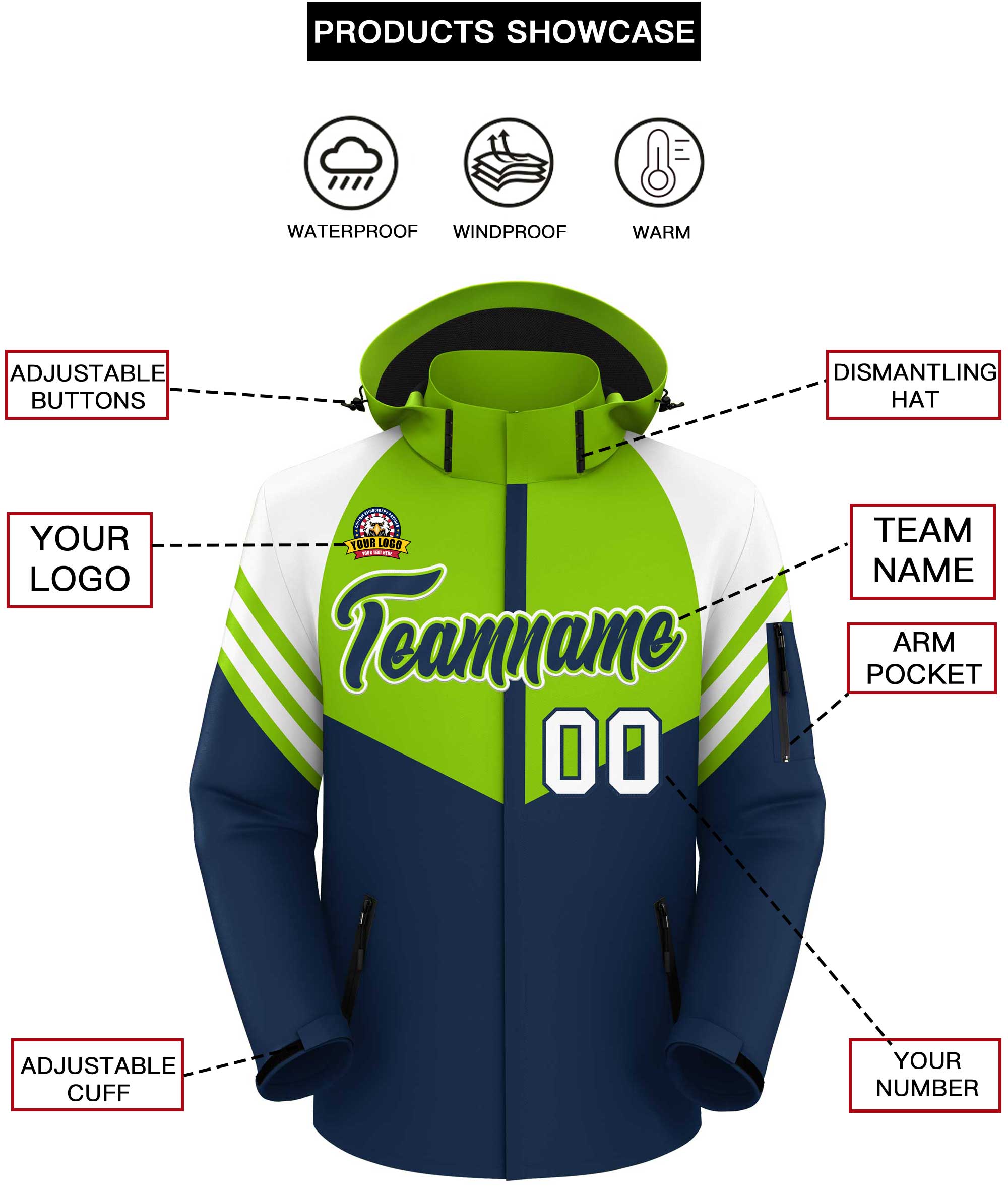 Custom Neon Green Navy-White Color Block Personalized Outdoor Hooded Waterproof Jacket