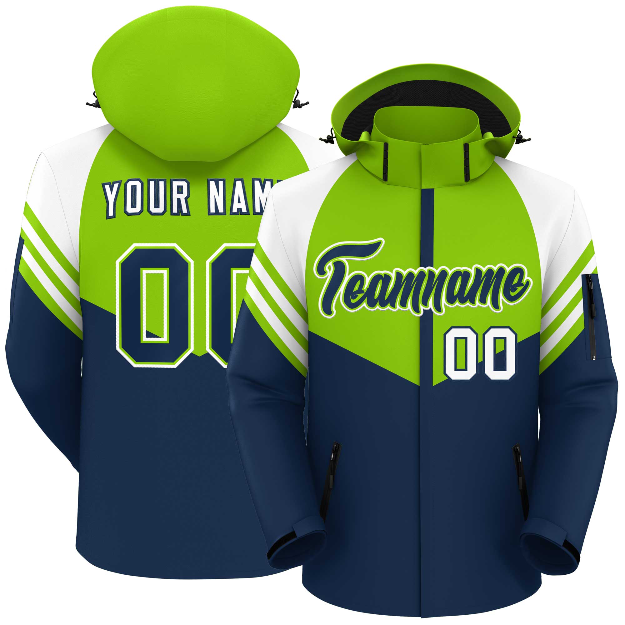 Custom Neon Green Navy-White Color Block Personalized Outdoor Hooded Waterproof Jacket