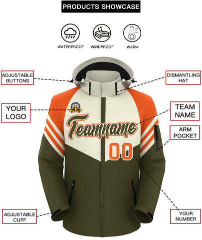 Custom Cream Olive-Orange Color Block Personalized Outdoor Hooded Waterproof Jacket