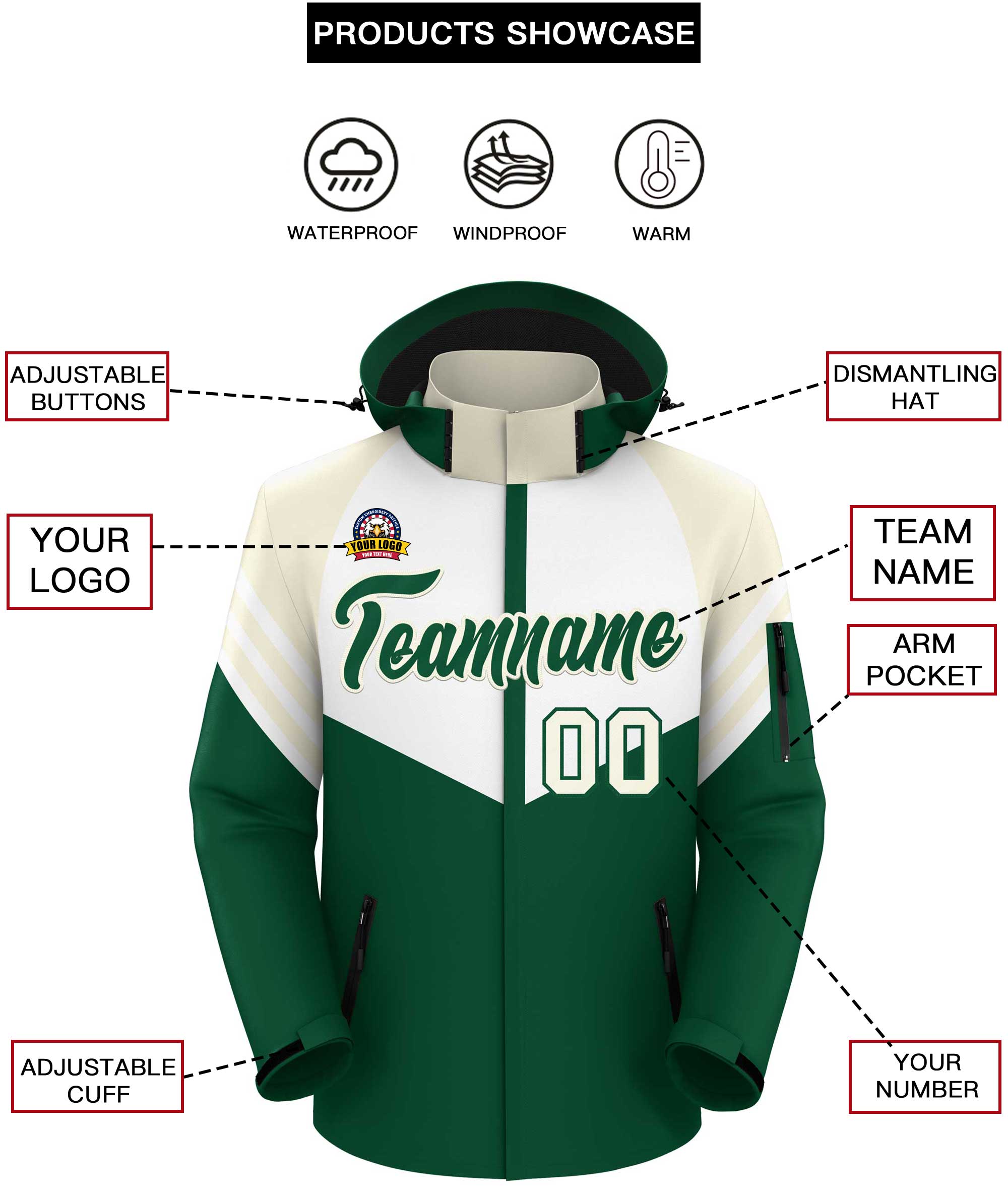 Custom White Green-Cream Color Block Personalized Outdoor Hooded Waterproof Jacket