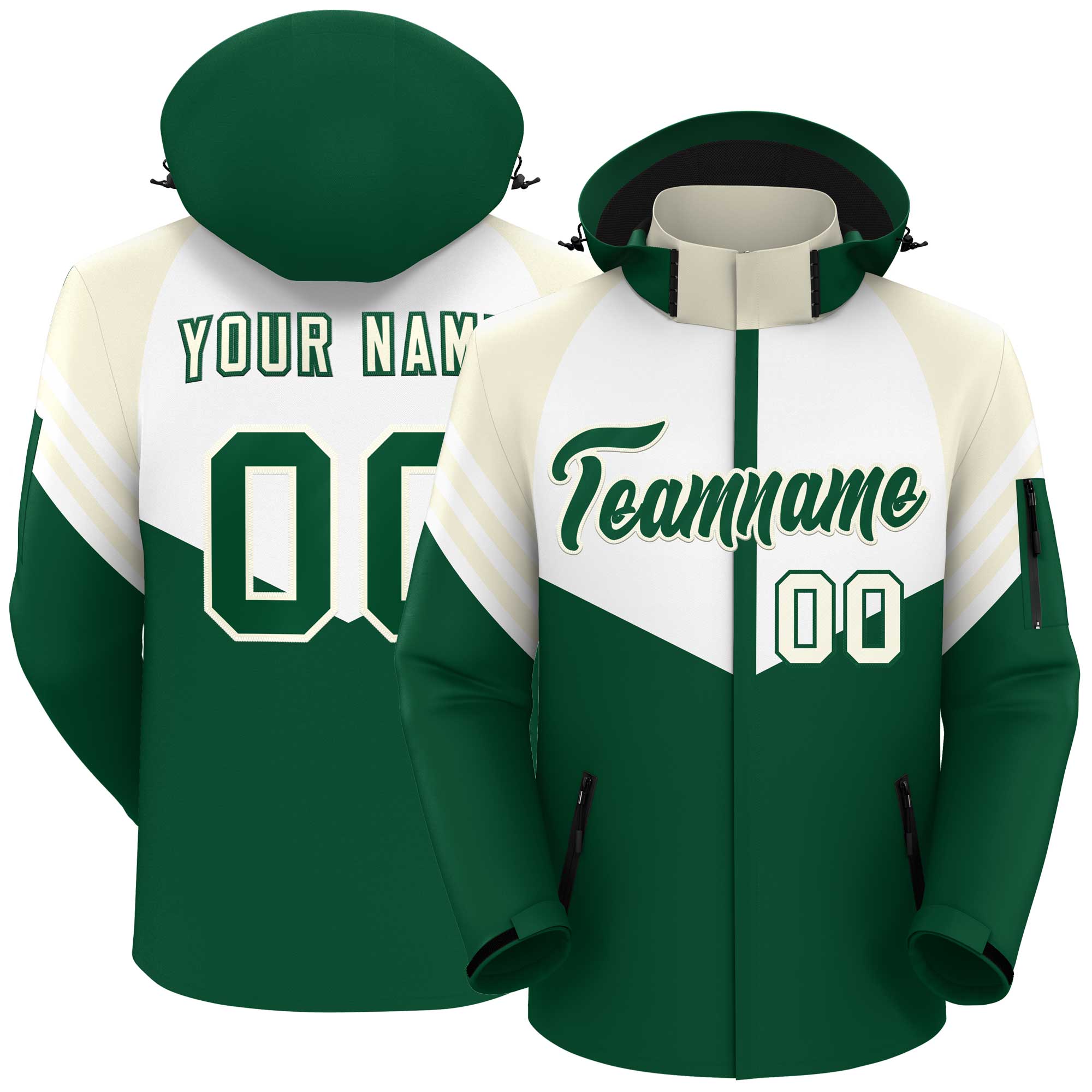 Custom White Green-Cream Color Block Personalized Outdoor Hooded Waterproof Jacket