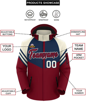 Custom Navy Crimson-Cream Color Block Personalized Outdoor Hooded Waterproof Jacket